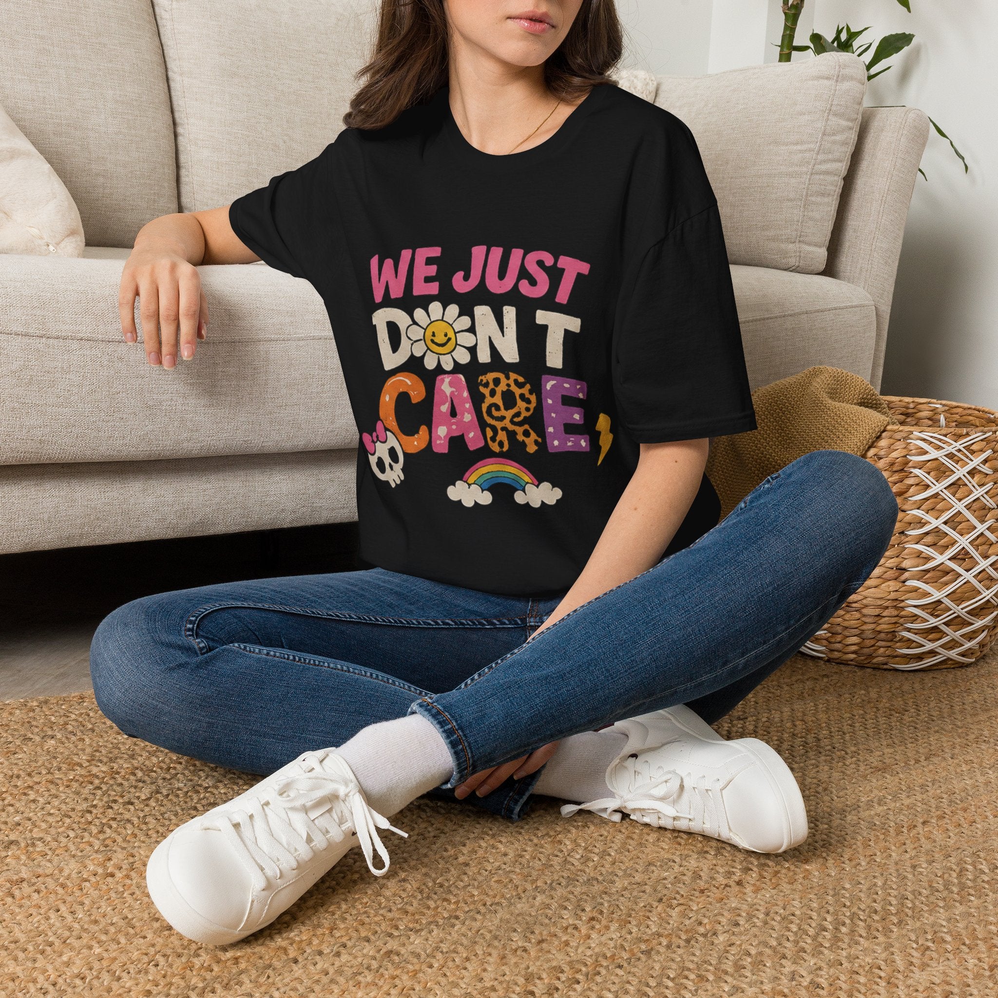 We Just Don't Care T-Shirt — Retro Cute Daisy & Rainbow Graphic Tee