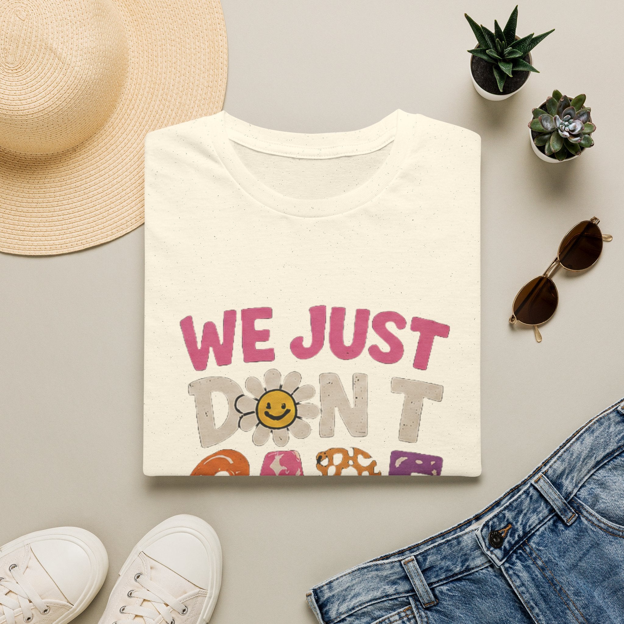 We Just Don't Care T-Shirt — Retro Cute Daisy & Rainbow Graphic Tee