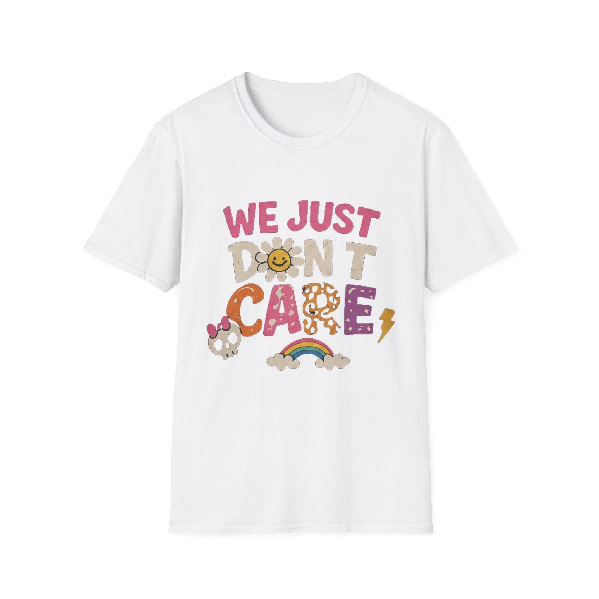We Just Don't Care T-Shirt — Retro Cute Daisy & Rainbow Graphic Tee