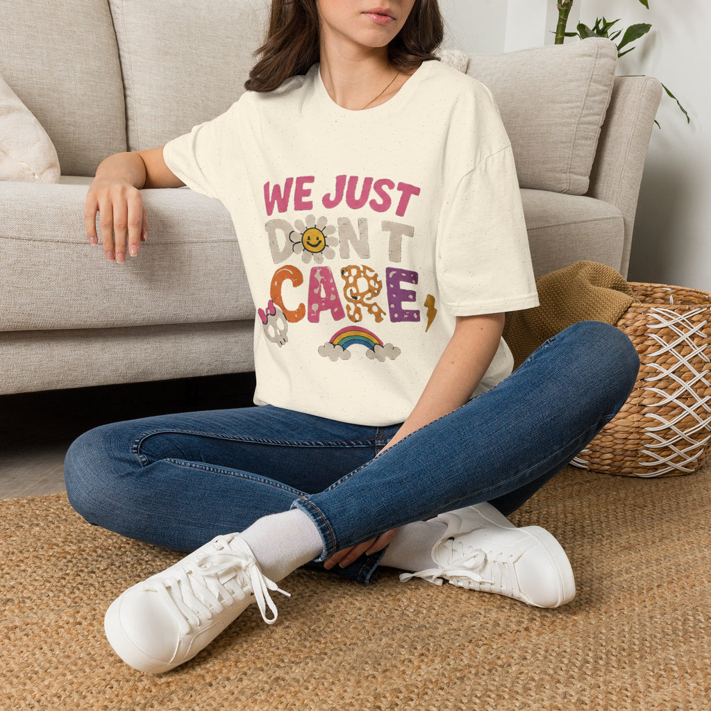 We Just Don't Care T-Shirt — Retro Cute Daisy & Rainbow Graphic Tee