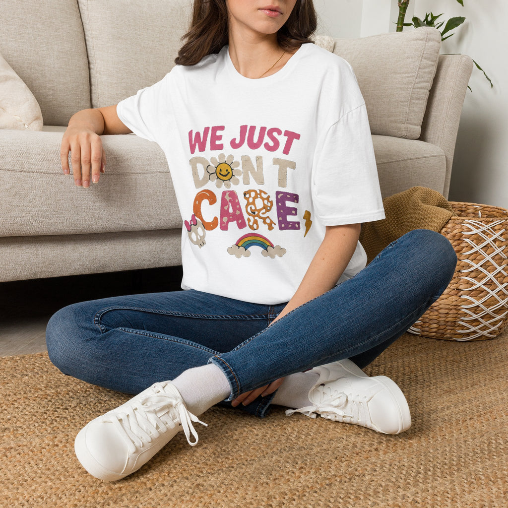 We Just Don't Care T-Shirt — Retro Cute Daisy & Rainbow Graphic Tee
