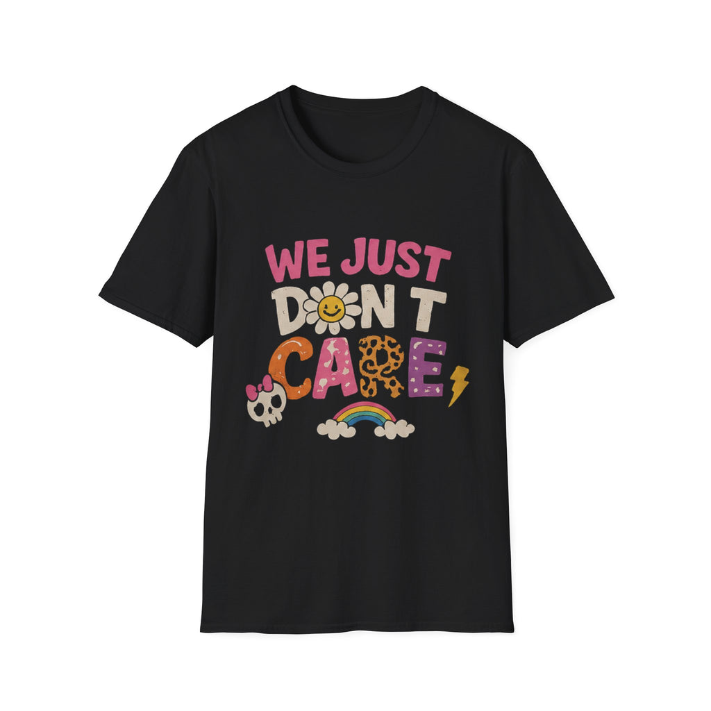 We Just Don't Care T-Shirt — Retro Cute Daisy & Rainbow Graphic Tee