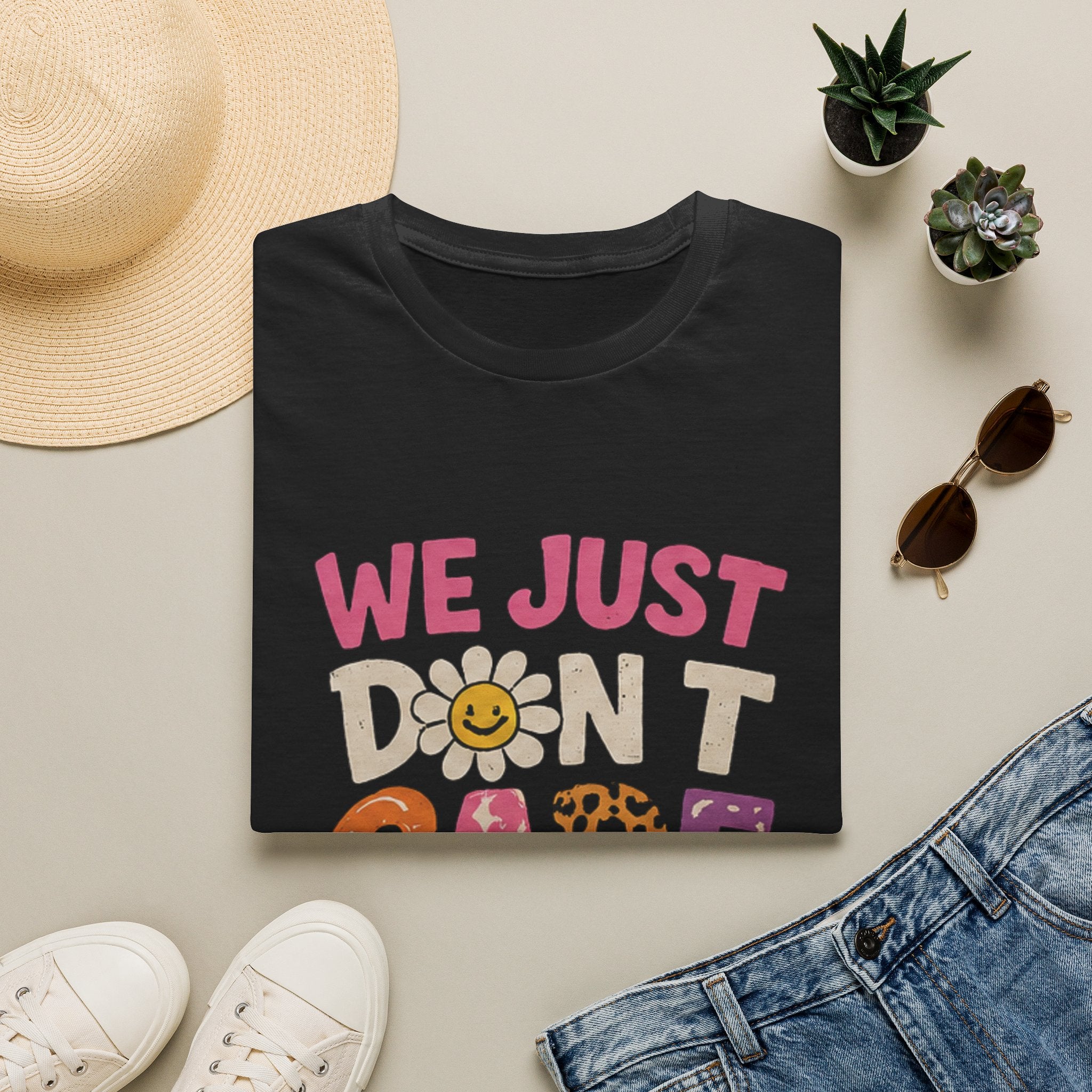 We Just Don't Care T-Shirt — Retro Cute Daisy & Rainbow Graphic Tee
