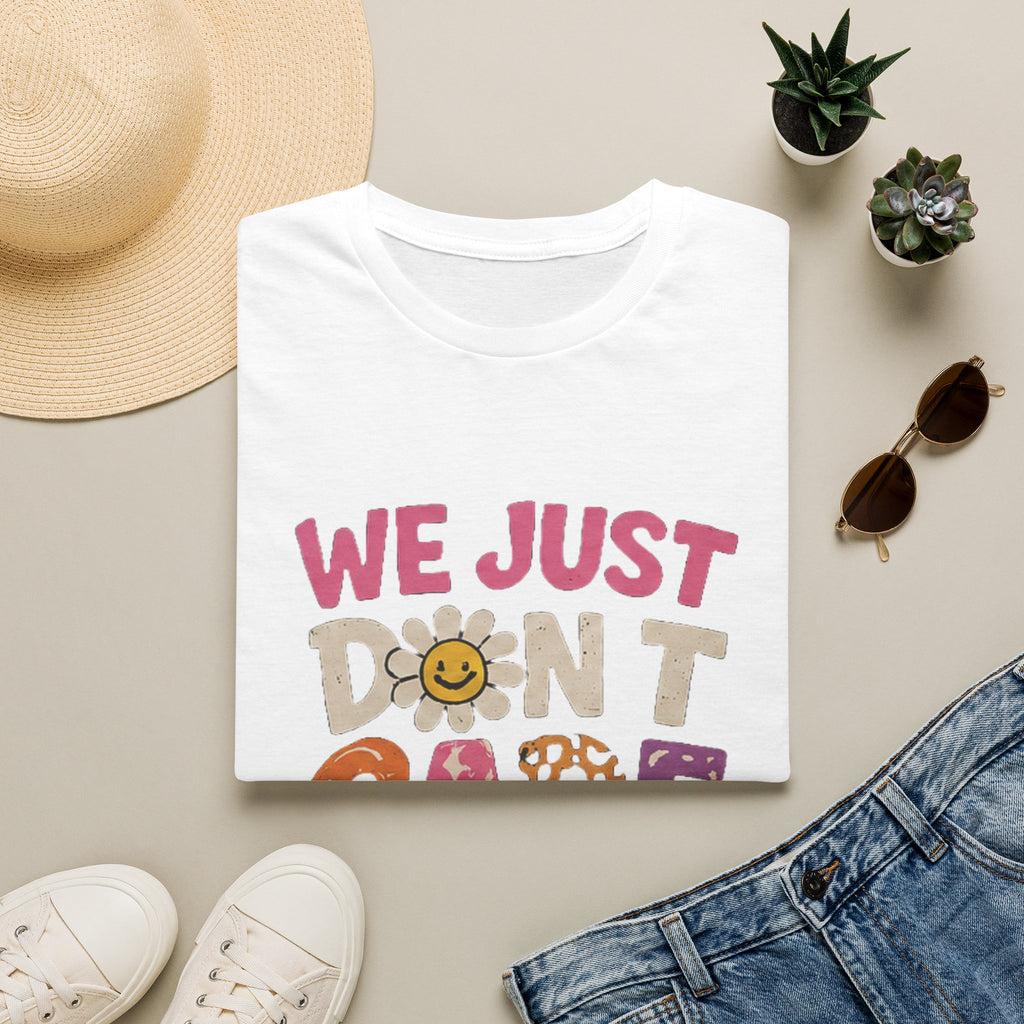 We Just Don't Care T-Shirt — Retro Cute Daisy & Rainbow Graphic Tee